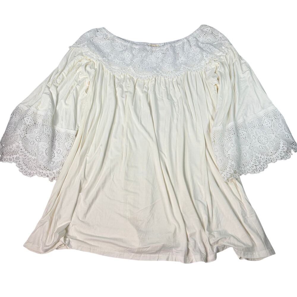 POL womens cream top white crochet collar/cuffs. Size M. flowy, boho, office